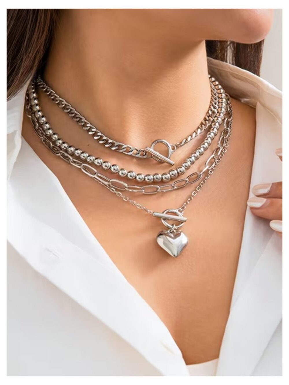 NWT Silvery Layered Chain Necklace Set 4pc Heart Pendant Chunky Toggle Clasp